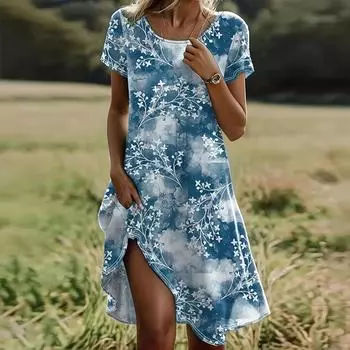 Модное женское свободное платье-трапеция с цветочным принтом и коротким рукавом с принтом листьев XS синий