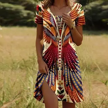 Модное женское свободное платье-трапеция с принтом крыльев и коротким рукавом с принтом листьев XS красный