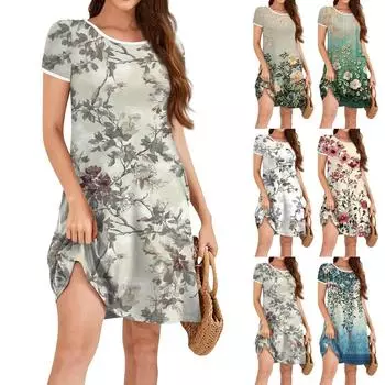 Модное женское свободное платье-трапеция с цветочным узором и принтом в виде О-образного выреза с коротким рукавом и принтом листьев XS синий