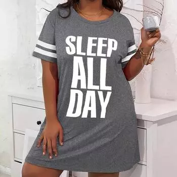 Модное женское свободное платье-трапеция с принтом монограммы и коротким рукавом с круглым вырезом и принтом листьев XS серый