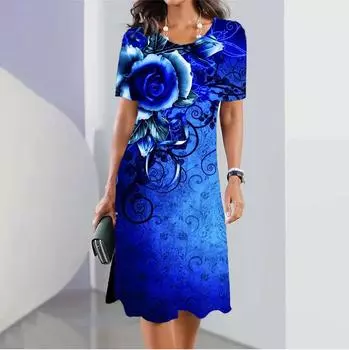 Модное женское свободное платье-трапеция с принтом ежевичных роз и коротким рукавом с круглым вырезом и принтом листьев XS синий
