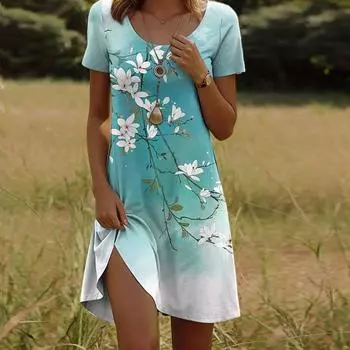 Модное женское свободное платье-трапеция с цветочным принтом и коротким рукавом и принтом листьев XS синий