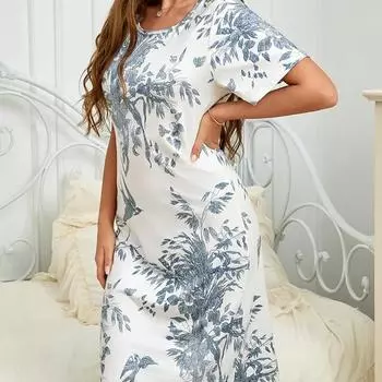 Модное женское свободное платье-трапеция с принтом цветов и растений, коротким рукавом и принтом листьев XS синий
