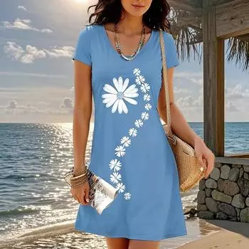 Модное женское свободное платье-трапеция с цветочным принтом и коротким рукавом с круглым вырезом и принтом листьев XS синий