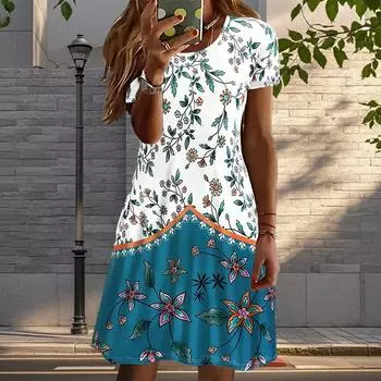 Модное женское свободное платье-трапеция с цветочным принтом и коротким рукавом и принтом листьев XS оранжевый