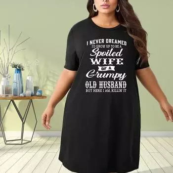 Модное женское свободное платье-трапеция с буквенным принтом и коротким рукавом с круглым вырезом и принтом листьев XS чёрный