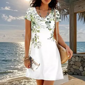 Модное женское свободное платье-трапеция с принтом свежих цветов и коротким рукавом с круглым вырезом и принтом листьев XS зелёный