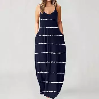 Модное женское свободное повседневное летнее платье в полоску с принтом и карманами без рукавов M