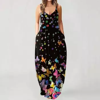Модное женское свободное повседневное летнее платье без рукавов с карманами и принтом M
