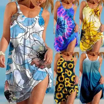 Модное женское свободное повседневное летнее сексуальное пляжное платье без рукавов с принтом без рукавов L тёмно-синий