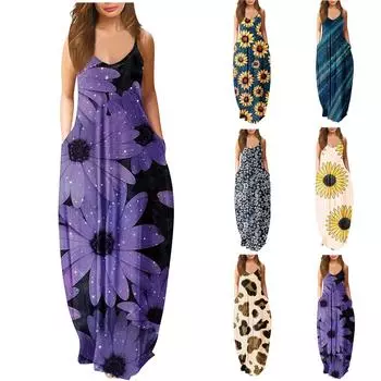 Модное женское свободное повседневное летнее сексуальное пляжное платье без рукавов с принтом и открытой спиной XXL темно-синий