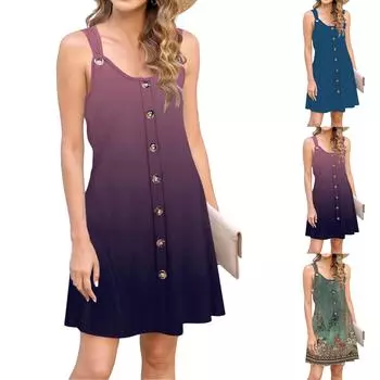 Модное женское свободное повседневное летнее сексуальное пляжное платье без рукавов с принтом и открытой спиной L чёрный