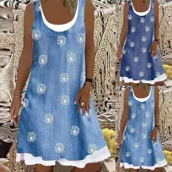 Модное женское свободное повседневное платье без рукавов с фальшивым воротником и круглым вырезом XXL