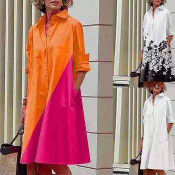 Модное женское свободное повседневное платье до колена с отложным воротником и карманами с принтом XXL чёрный