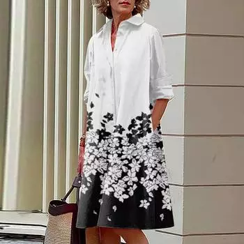 Модное женское свободное повседневное платье с принтом, отложным воротником, длинными рукавами, карманами, длиной до колена S чёрный