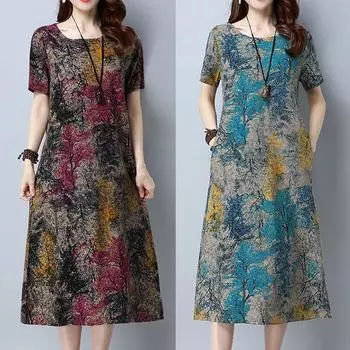 Модное женское свободное повседневное платье с коротким рукавом и карманом из хлопка и льна с принтом 4XL красный