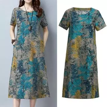 Модное женское свободное повседневное платье с коротким рукавом и карманом из хлопка и льна с принтом XXXL синий