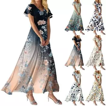 Модное Женское свободное повседневное платье с V-образным вырезом, короткими рукавами и высокой талией L темно-зеленого