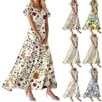 Модное Женское свободное повседневное платье с V-образным вырезом, короткими рукавами и высокой талией L