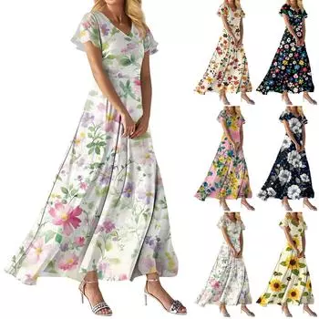 Модное Женское свободное повседневное платье с V-образным вырезом, короткими рукавами и высокой талией L чёрный