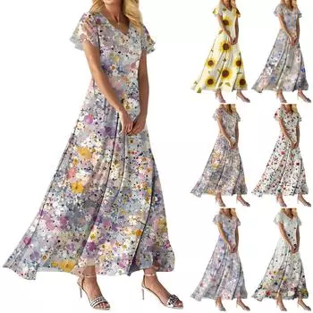 Модное Женское свободное повседневное платье с V-образным вырезом, короткими рукавами и высокой талией M