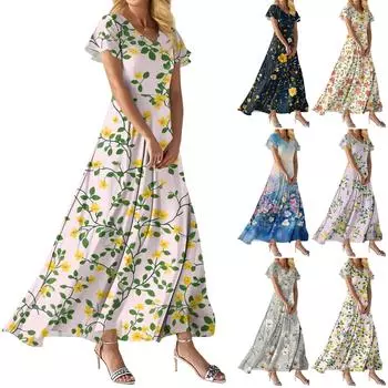 Модное Женское свободное повседневное платье с V-образным вырезом, короткими рукавами и высокой талией L