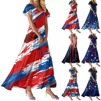 Модное Женское свободное повседневное платье с V-образным вырезом, короткими рукавами и высокой талией S