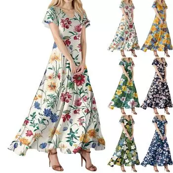 Модное Женское свободное повседневное платье с V-образным вырезом, короткими рукавами и высокой талией XXL