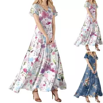 Модное Женское свободное повседневное платье с V-образным вырезом, короткими рукавами и высокой талией M тёмно-синий