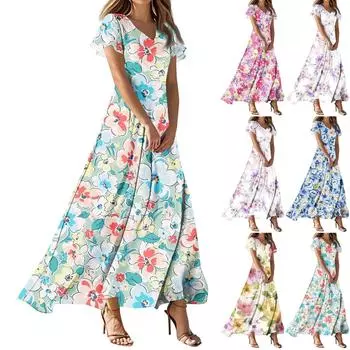 Модное Женское свободное повседневное платье с V-образным вырезом, короткими рукавами и высокой талией L