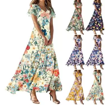 Модное Женское свободное повседневное платье с V-образным вырезом, короткими рукавами и высокой талией L