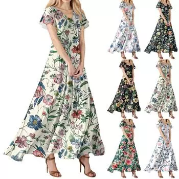 Модное Женское свободное повседневное платье с V-образным вырезом, короткими рукавами и высокой талией XXL