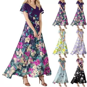 Модное Женское свободное повседневное платье с V-образным вырезом, короткими рукавами и высокой талией M чёрный