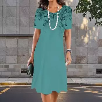 Модное женское свободное простое платье-трапеция с принтом O-образным вырезом и коротким рукавом с принтом листьев XS зелёный