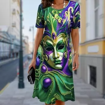 Модное женское свободное великолепное платье-трапеция с принтом маски и коротким рукавом и принтом листьев XS чёрный