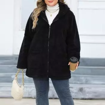 Модное женское толстое плюшевое пальто с капюшоном больших размеров XXL чёрный