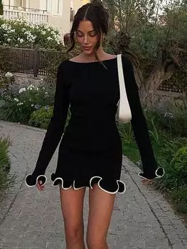 Модное женское трикотажное мини-платье с оборками, летнее, с высокой талией, элегантное, облегающее, вечернее платье, трикотажный свитер в стиле пэчворк, женское платье S чёрный