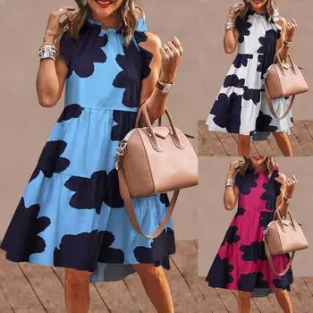 Модное женское удобное повседневное платье без рукавов с высоким воротником и принтом XXL синий