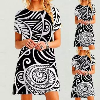 Модное женское удобное повседневное платье с круглым вырезом и коротким рукавом с абстрактным принтом XXL чёрный