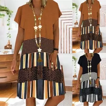 Модное женское удобное повседневное платье с круглым вырезом и коротким рукавом с абстрактным принтом S чёрный