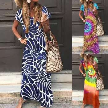 Модное женское удобное повседневное платье с V-образным вырезом и коротким рукавом с принтом тай-дай L синий