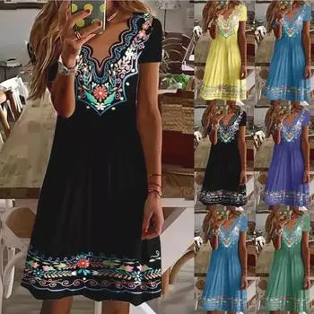 Модное женское удобное повседневное платье с v-образным вырезом и коротким рукавом в стиле ретро S чёрный