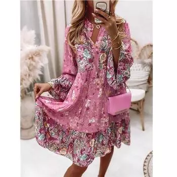 Модное женское вечернее платье с расклешенными рукавами, весеннее винтажное свободное платье с цветочным принтом S розовый