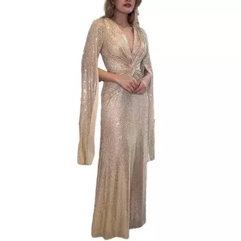 МОДНОЕ женское вечернее платье с разрезами на рукавах, глубоким V-образным вырезом, блестящими пайетками, облегающим узлом на талии, плиссированное, полной длины, однотонное женское выпускное банкетное платье макси S красный