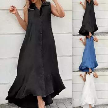 Модное женское весенне-летнее платье без рукавов с v-образным вырезом и пуговицами для отдыха L чёрный