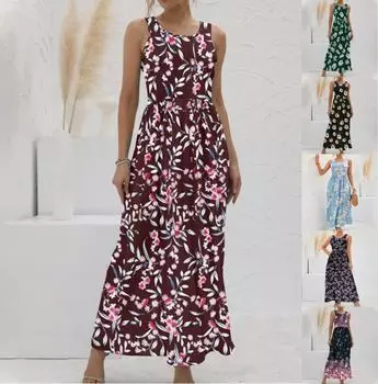 Модное женское весенне-летнее повседневное платье без рукавов с круглым вырезом и принтом L чёрный