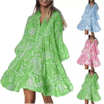 Модное женское весеннее и летнее повседневное платье с v-образным вырезом и пуговицами, рукавом три четверти и принтом L зелёный