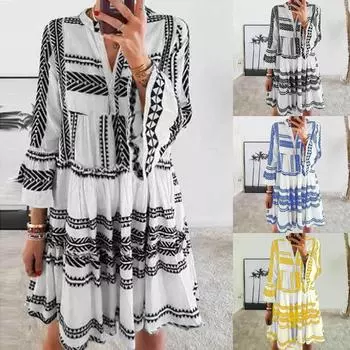 Модное женское весеннее и летнее повседневное платье с v-образным вырезом и рукавами три четверти с принтом на пуговицах L чёрный