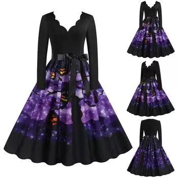 Модное женское винтажное платье макси с v-образным вырезом и принтом L фиолетовый