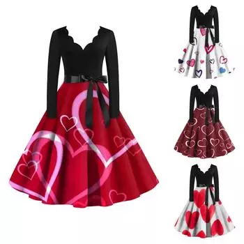 Модное женское винтажное платье с длинным рукавом на День святого Валентина 1950-х годов для домохозяйки, вечернее платье для выпускного вечера XXL горячий розовый